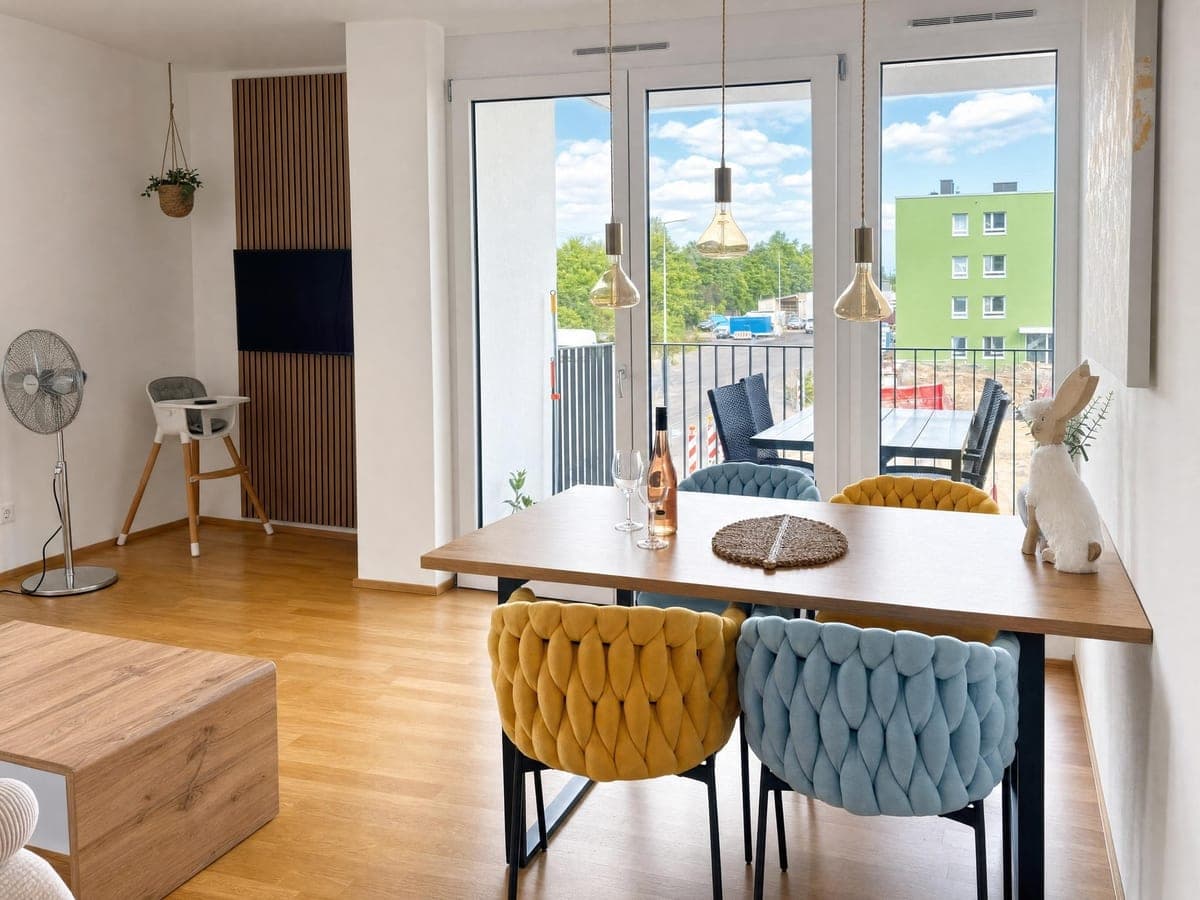The same dining spot after optimisation: sky and neighbouring building are visible, the interior neutrally brightened