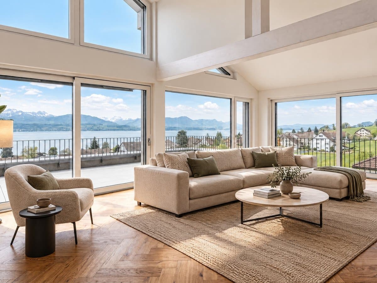 Derselbe Wohnraum, virtuell mit Sofa, Sessel, Teppich und Couchtisch eingerichtet