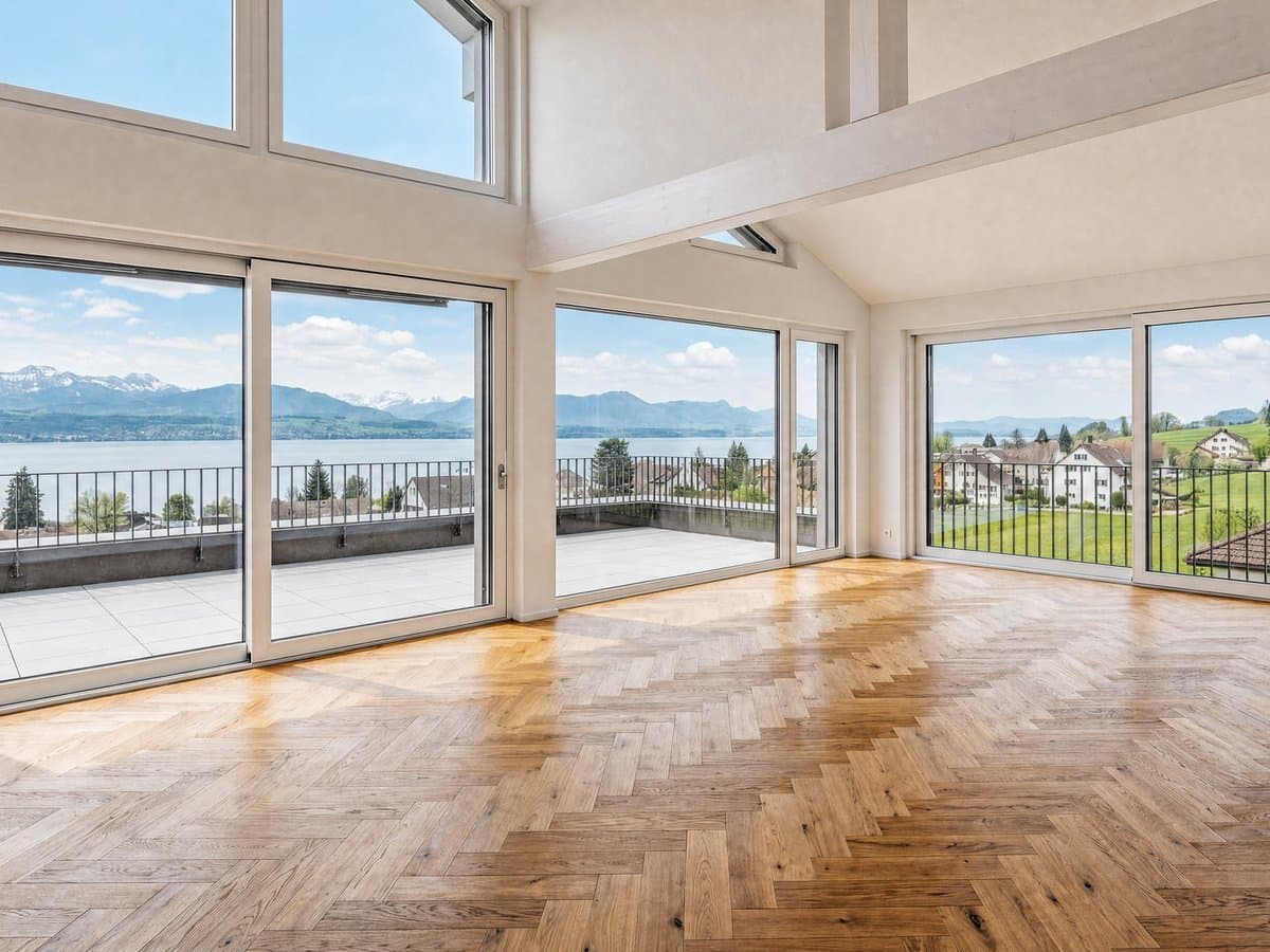 Leerer Wohnraum unter dem Dach mit Fischgrätparkett und Blick auf See und Berge